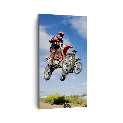 Obraz na Płótnie Arttor 45x80 cm - Podniebny skok - Motocross, Motoryzacja, Sport, Wyścig, Motocykl, Do Salonu, Do Sypialni, Zielony, Niebieski, Pionowy, Płótno, PA45x80-0126