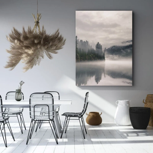 Obraz na Płótnie Arttor 45x80 cm - W zadumie, we mgle - Krajobraz, Las, Góry, Natura, Mgła, Do Salonu, Do Sypialni, Biały, Czarny, Pionowy, Płótno, PA45x80-4482