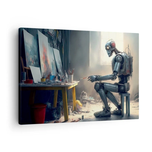 Obraz na płótnie - Akt kreacji - Robot malujący obraz w artystycznej pracowni - 70x50cm