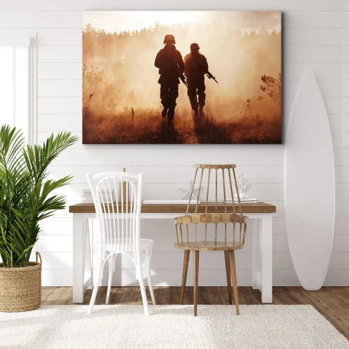 Obraz na płótnie - Call of Duty - Żołnierze maszerujący w porannej mgle na tle natury - 70x50cm