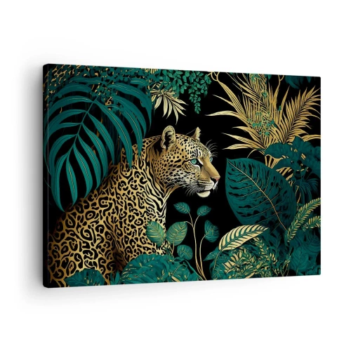 Obraz na płótnie - Gospodarz w dżungli - Leopard w tropikalnych liściach na czarnym tle - 70x50cm