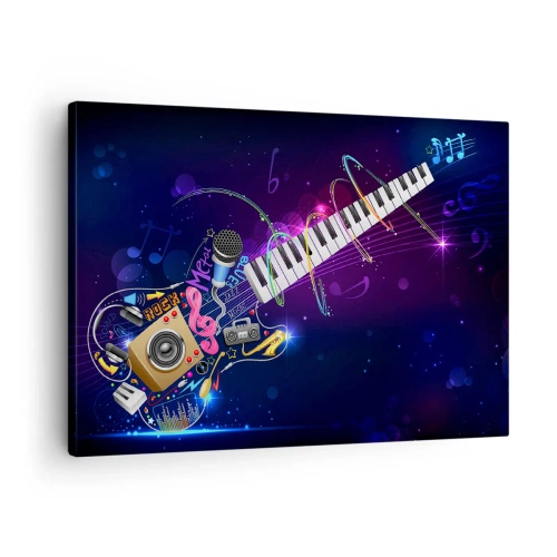 Obraz na płótnie - I wszystko gra - Kolorowa gitara z klawiaturą i mikrofonem na ciemnym tle - 70x50cm