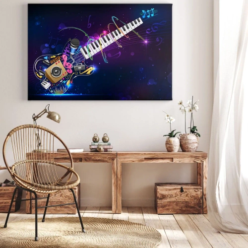 Obraz na płótnie - I wszystko gra - Kolorowa gitara z klawiaturą i mikrofonem na ciemnym tle - 70x50cm