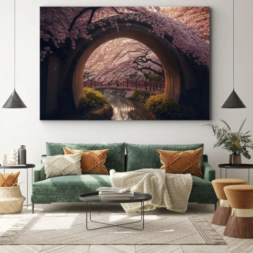 Obraz na płótnie - Japońska wiosna - Tradycyjny japoński most otoczony kwitnącymi wiśniami - 70x50cm