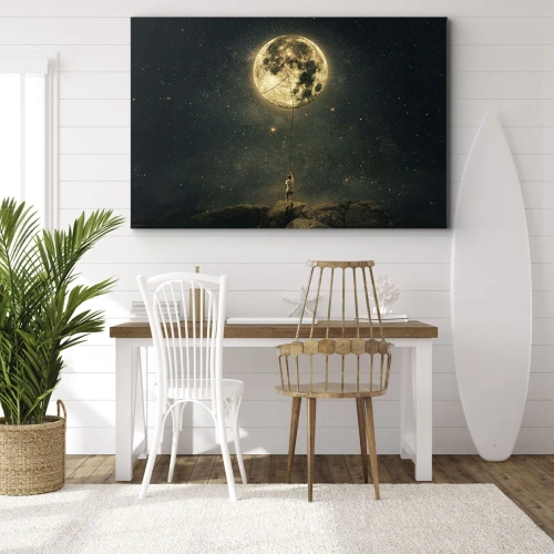 Obraz na płótnie - Jeden taki, co ukradł Księżyc - Człowiek z Księżycem na tle gwieździstego nieba - 70x50cm