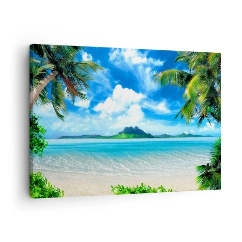 Obraz na płótnie - Lazur tropików - Tropikalna plaża z palmami i widokiem na wyspę - 70x50cm