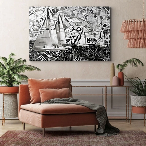 Obraz na płótnie - Między falami - Abstrakcyjne żaglówki w monochromatycznej kompozycji - 70x50cm
