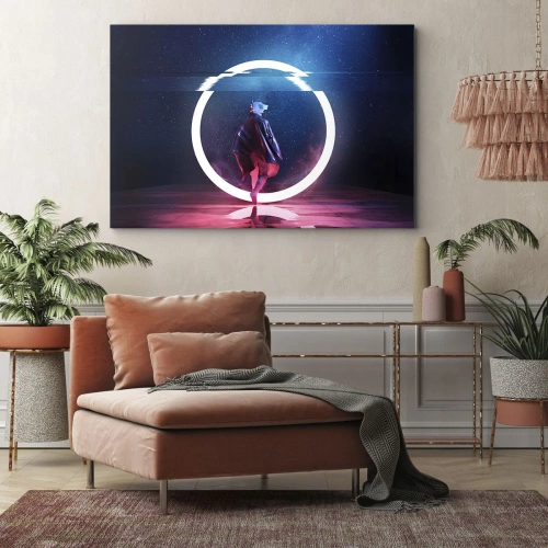 Obraz na płótnie - Między światami - Postać w futurystycznym otoczeniu z neonowym okręgiem - 70x50cm