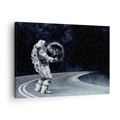 Obraz na płótnie - Na Mlecznej Drodze - Astronauta z Ziemią na tle gwiaździstego nieba - 70x50cm