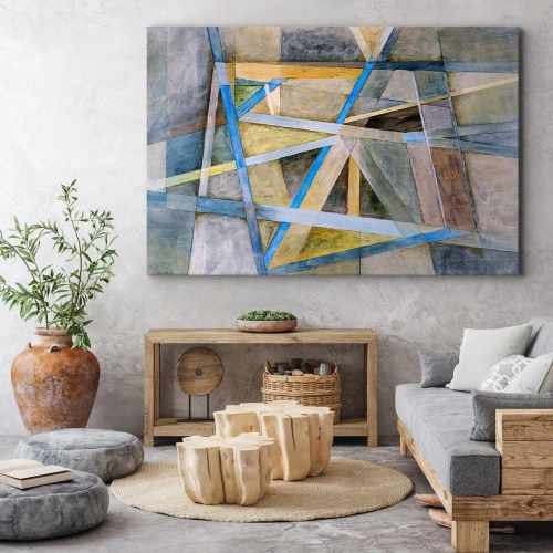 Obraz na płótnie - Na wprost czy na skos? - Geometryczna kompozycja z jasnymi i niebieskimi liniami - 70x50cm