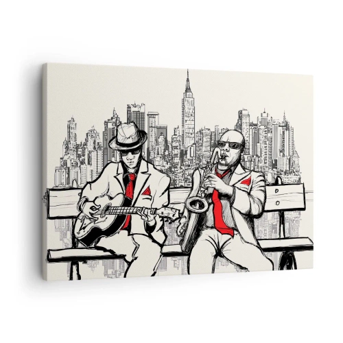 Obraz na płótnie - Nowojorska improwizacja - Jazzowy duet z saksofonem i gitarą na tle miasta - 70x50cm