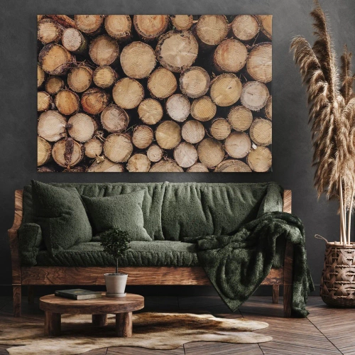Obraz na płótnie - Nowy początek - Stosy ściętych pni drzew ułożone w harmonii - 70x50cm