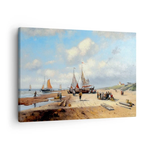 Obraz na płótnie - Po udanym połowie - Rybackie łodzie na plaży z postaciami ludzi - 70x50cm