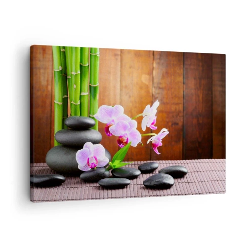 Obraz na płótnie - Poznaj przyjemności wschodu - Bambus, kamienie i różowe orchidee w stylu Zen na tle drewna - 70x50cm