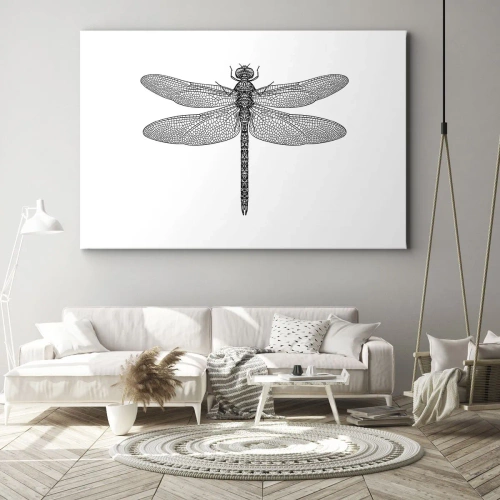Obraz na płótnie - Precyzja natury - Czarno-biały rysunek ważki na białym tle w minimalistycznym stylu - 70x50cm