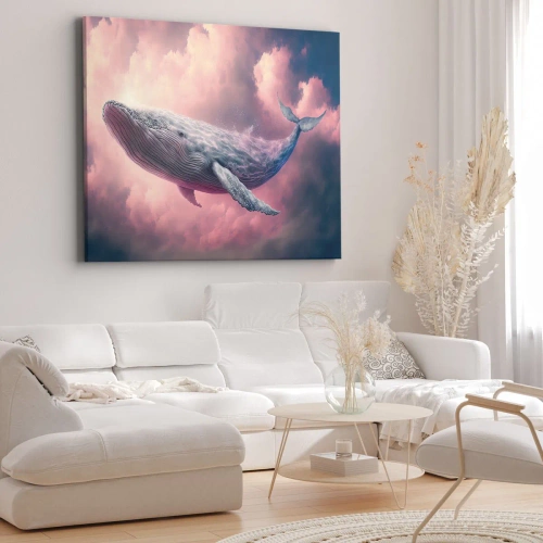 Obraz na płótnie - Przetrzyj oczy - Wieloryb unoszący się w chmurach o zachodzie słońca - 70x50cm