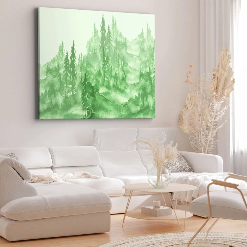 Obraz na płótnie - Rozmyty zieloną mgłą - Zielony las w stylu akwareli na jasnym tle - 70x50cm
