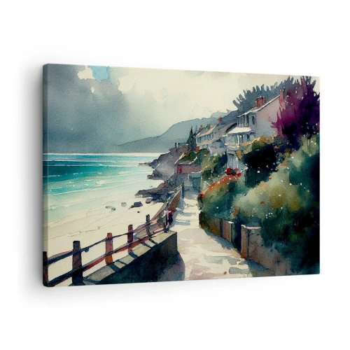 Obraz na płótnie - Śródziemnomorskie miasteczko - Nadmorska promenada z domami i roślinnością - 70x50cm
