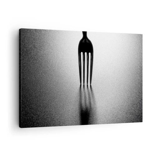 Obraz na płótnie - Światło i cień - Minimalistyczne ujęcie widelca w czerni i bieli z grą cieni - 70x50cm