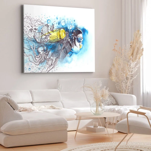Obraz na płótnie - Wielki błękit - Podwodna scena z nurkiem i egzotycznymi rybami - 70x50cm