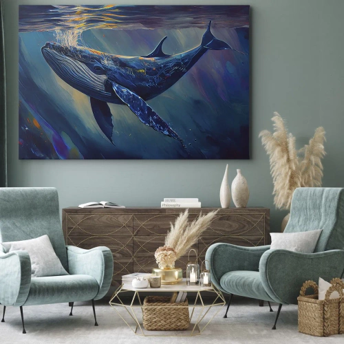 Obraz na płótnie - Witaj w moim świecie - Wieloryb w głębinach oceanu w świetlistych barwach - 70x50cm