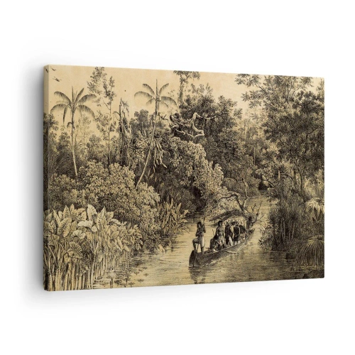 Obraz na płótnie - Wyprawa do źródła - Rysunek dżungli z łodzią na rzece - 70x50cm