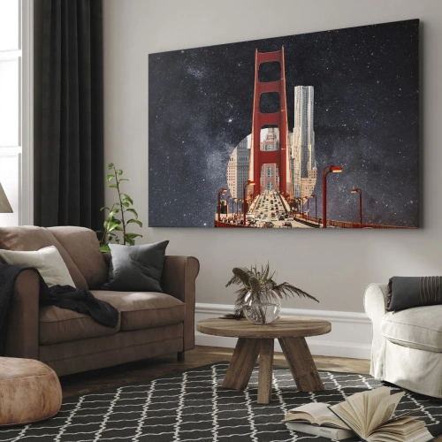 Obraz na płótnie - Zawsze w centrum - Most Golden Gate z miastem w tle na tle gwiaździstego nieba - 70x50cm