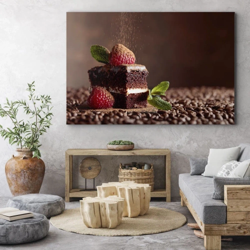 Obraz na płótnie - Życie jest słodkie - Czekoladowe ciasto z malinami i miętą na tle ziaren kakao - 70x50cm