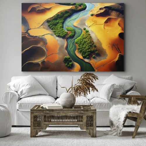 Obraz na płótnie - Życiodajna rzeka - Zielona rzeka w otoczeniu złotych piasków i roślinności - 70x50cm