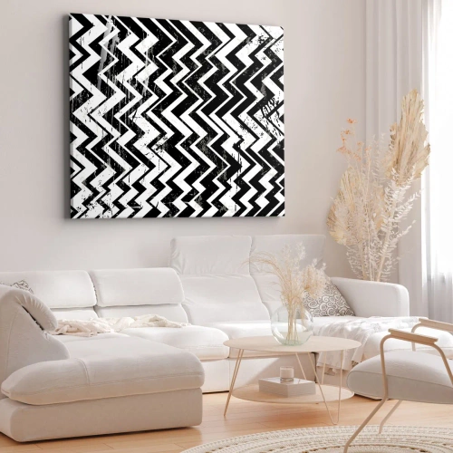 Obraz na płótnie - Zyg-białe, zag-czarne - Czarno-biały wzór w zygzaki z artystycznymi przetarciami - 70x50cm