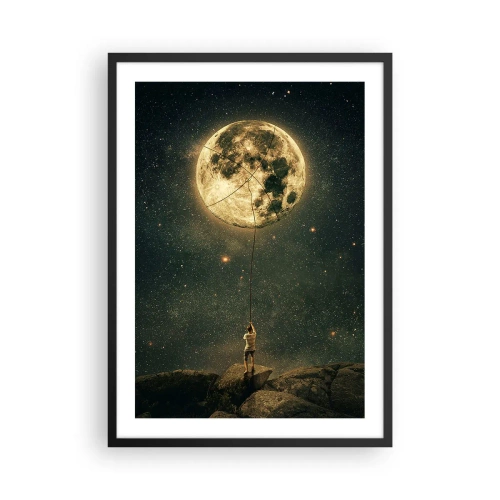 Plakat w czarnej ramie - Jeden taki, co ukradł Księżyc - Postać trzymająca Księżyc na linie w gwiezdnym krajobrazie - 50x70cm