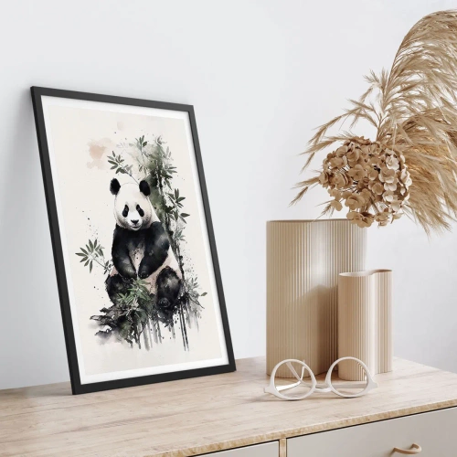 Plakat w czarnej ramie - Pozdrowienia z Chin - Akwarelowa panda w otoczeniu bambusowych liści - 50x70cm