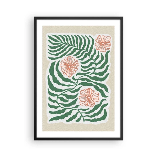 Plakat w czarnej ramie - Rozkwitłe w zieleni - Abstrakcyjna grafika liści i kwiatów na beżowym tle - 50x70cm