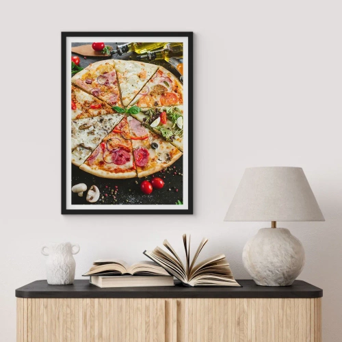 Plakat w czarnej ramie - Wachlarz smaków - Kolorowa pizza podzielona na różnorodne kawałki - 50x70cm