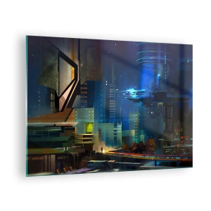 Obraz na szkle - W niedalekiej przyszłości - Futurystyczne miasto nocą z neonowymi światłami i latającym pojazdem - 70x50cm